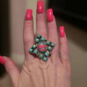 Turquoise and Pink Statement Ring. 925 Sterling Silver